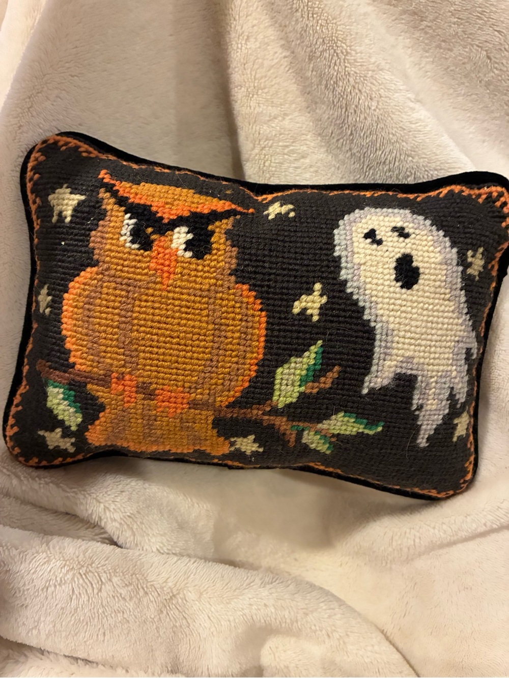 Vintage Halloween Owl & Ghost Needlepoint Pillow - Black and Orange